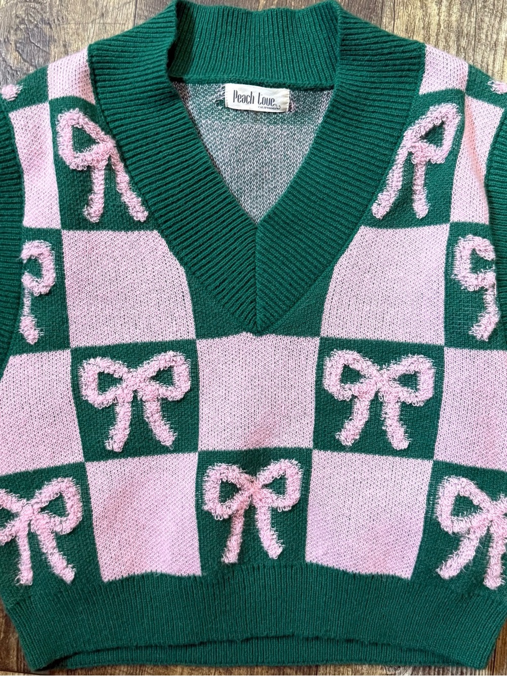 Peach Love California Green & Pink Bow Checker V-Neck Sweater Vest
